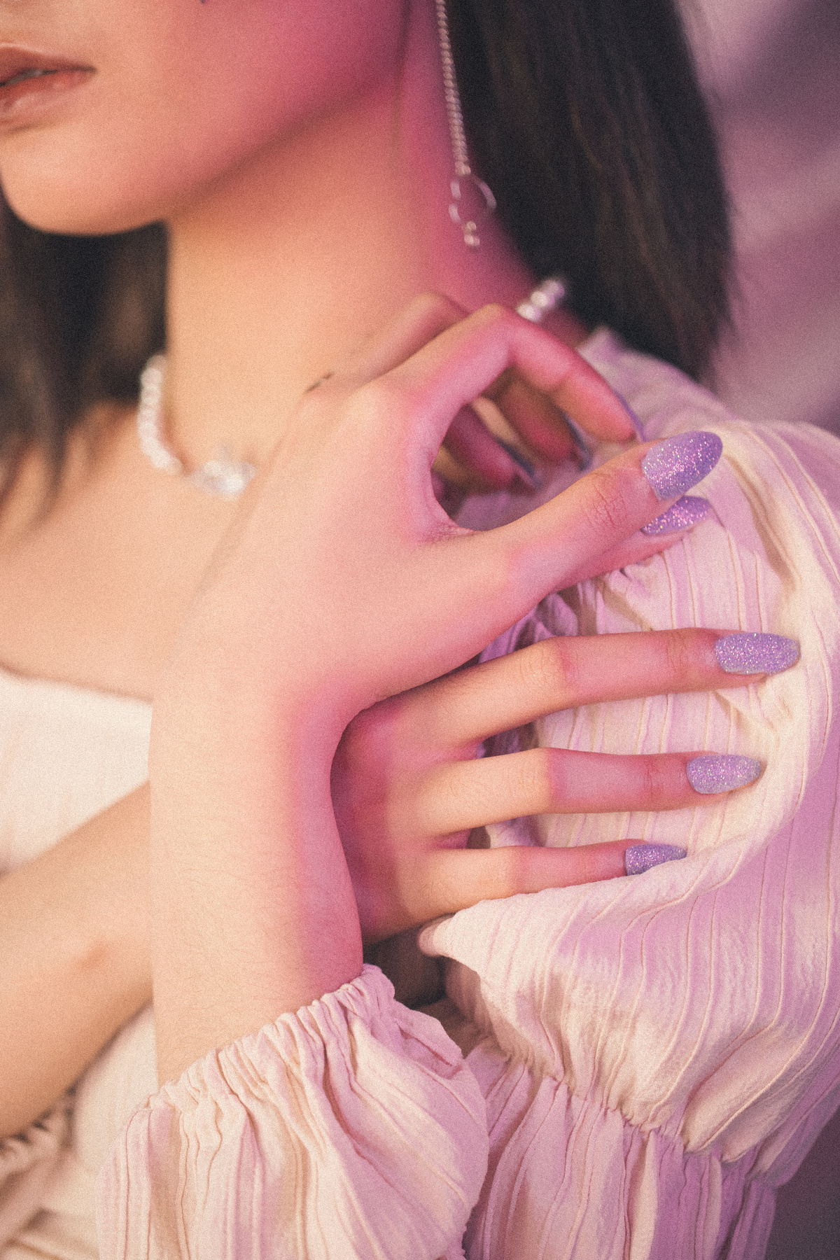 Woman with Sparkly Nails and Vintage Outfit